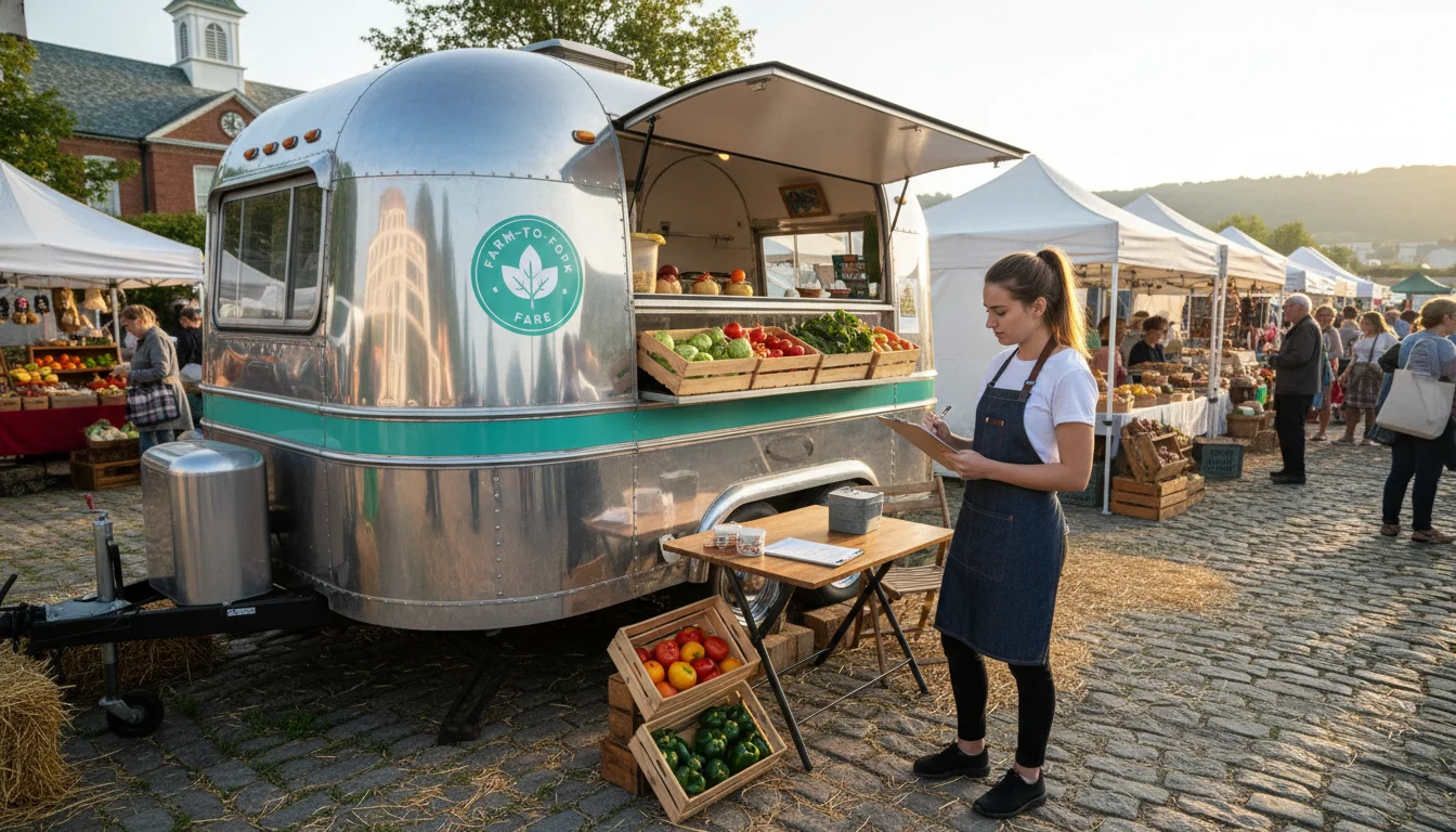 Food trailer at a farmers market with owner reviewing financing paperwork
